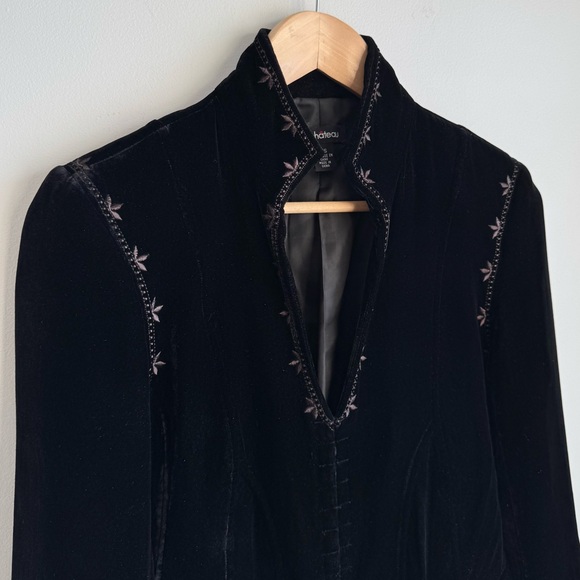 Vintage Le Chateau Fitted Velvet Jacket Sz S Black Silk Blend Blazer Hook & Eye - Picture 3 of 13